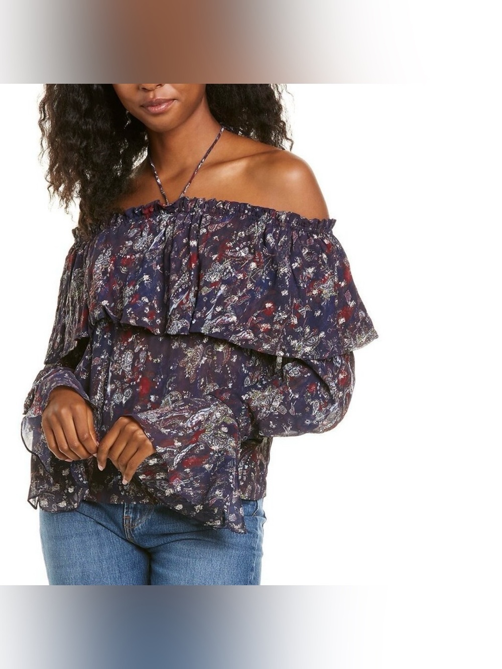 IRO Paris Trine Metallic Paisley Off-The-Shoulder Ruffle Blouse